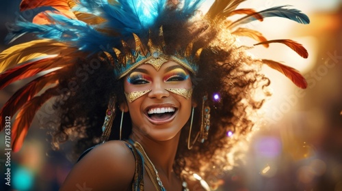 Exuberant young woman with a radiant smile wearing a colorful feather headdress at a carnival.