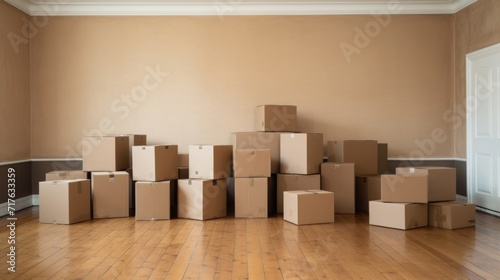 Pile of brown cardboard boxes in a spacious empty room with wooden flooring, indicating relocation. © tashechka
