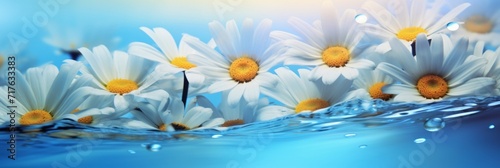 White chamomile flowers floating on the surface of blue water with a serene backdrop. © tashechka