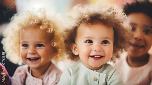 Curly-haired children sharing smiles and joy in a group, showcasing diversity and happiness.
