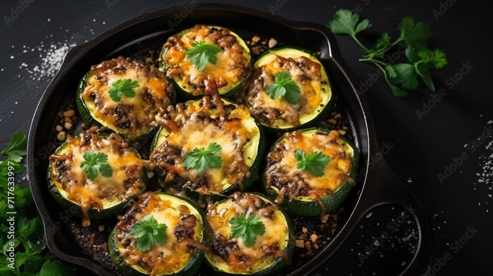Round zucchini baked with minced meat and cheese
