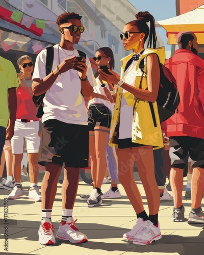A fashionable urban street scene with young adults wearing trendy outfits and interacting with mobile devices