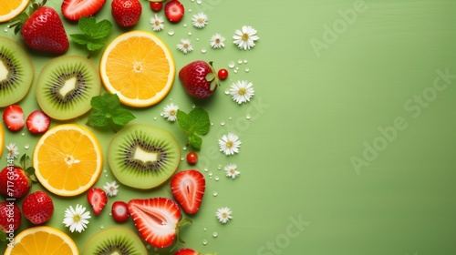 Colorful fruit spread with floral accents, featuring strawberries, kiwi, and orange slices on a fresh green surface.