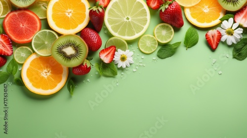 A fresh and colorful display of citrus fruits and berries decorated with mint leaves on a vibrant green background.