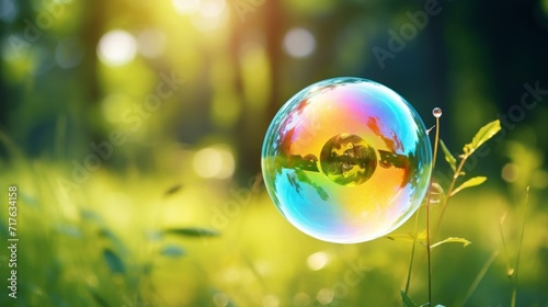 A single, iridescent soap bubble reflects the surrounding nature on a sunlit backdrop, creating a magical scene. © tashechka