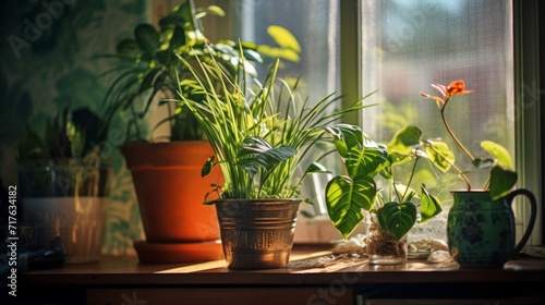Assorted potted indoor plants on a sunny window sill  basking in the warm sunlight.