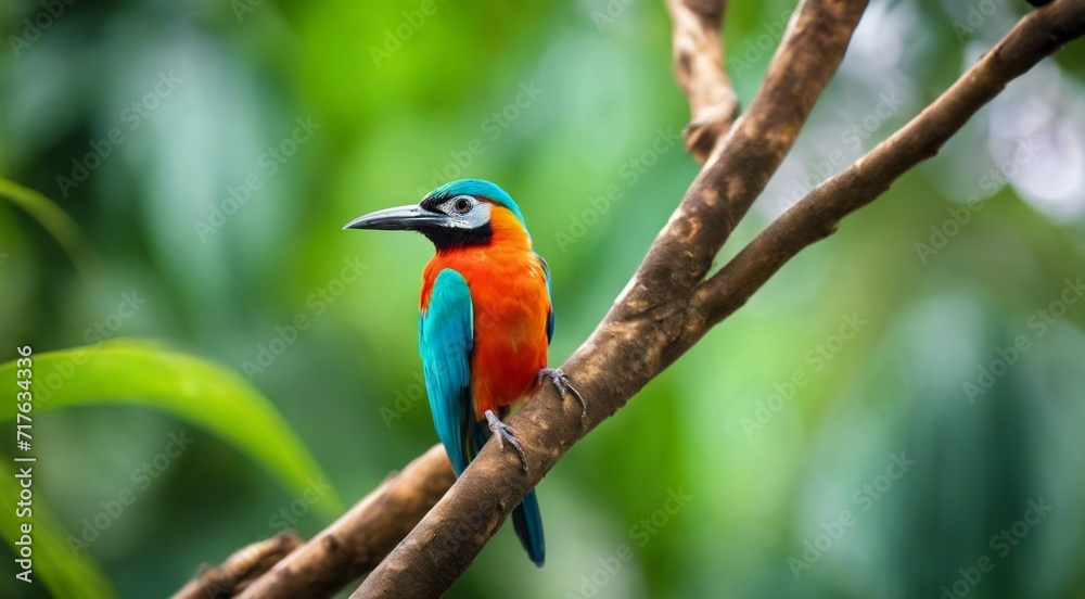 colored beautiful bird sitting on the tree in the jungle, colored wild bird, colored wild bird sitting on the branch of tree in jungle