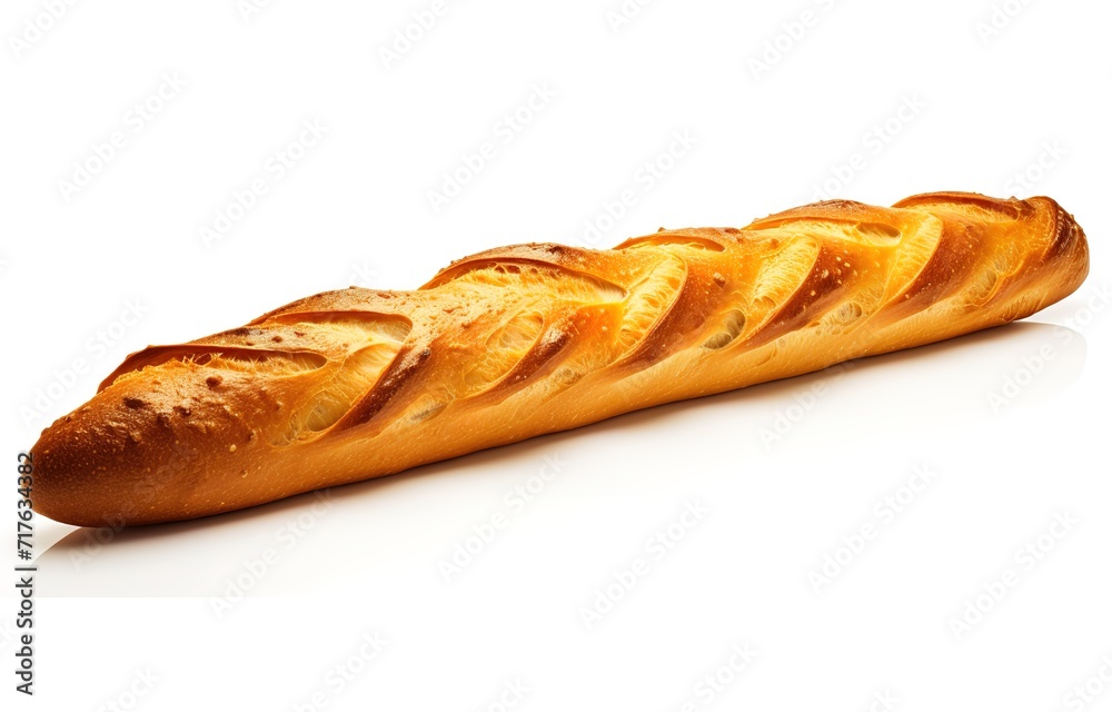 A long, golden brown baguette that is tempting to eat, isolated on a white background