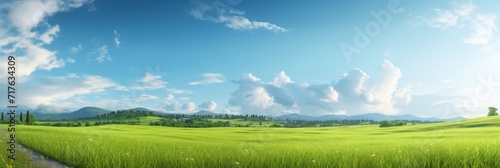 Wide panoramic view of a lush green field under a clear blue sky with fluffy clouds.