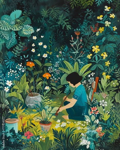 A home garden scene with a person planting flowers, surrounded by lush greenery and garden tools