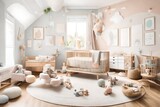 Australian nursery with soft pastel tones, whimsical decor, and plenty of natural light, creating a serene and nurturing environment for the little ones