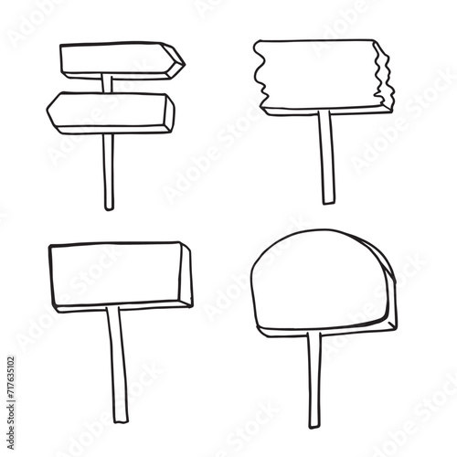 Sketch direction sign. Hand drawn doodle style. Set of wooden signposts. Vector illustration. For design, web, flyers.