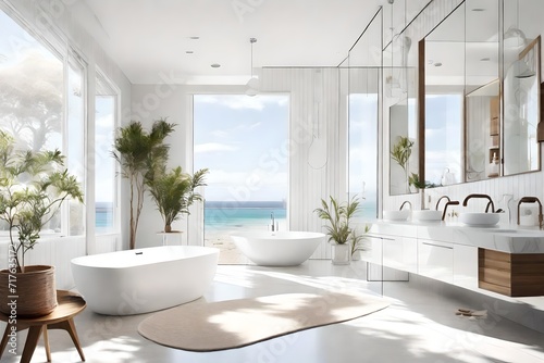 a bright and airy Australian bathroom with clean lines, featuring a freestanding bathtub, large mirrors, and subtle coastal accents, creating a spa-like atmosphere © Ghouri