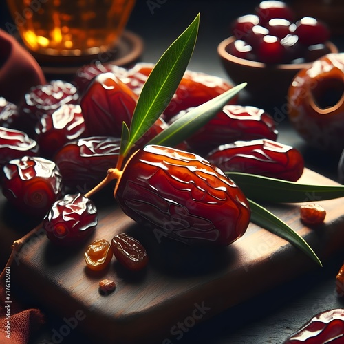Close up of Fresh dates served on a plate with cinematic lighting and copy space area. Suitable to eat as an iftar menu during the month of Ramadan 