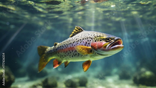 Underwater majestic view trout fish swimming in freshwater near the bottom