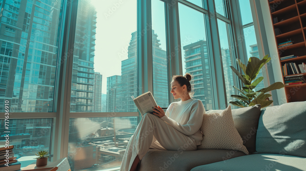 Urban Oasis: Woman Reading by Sunlit Window. A young woman is engrossed in a book by a large window with a view of skyscrapers, basking in the morning sunlight.