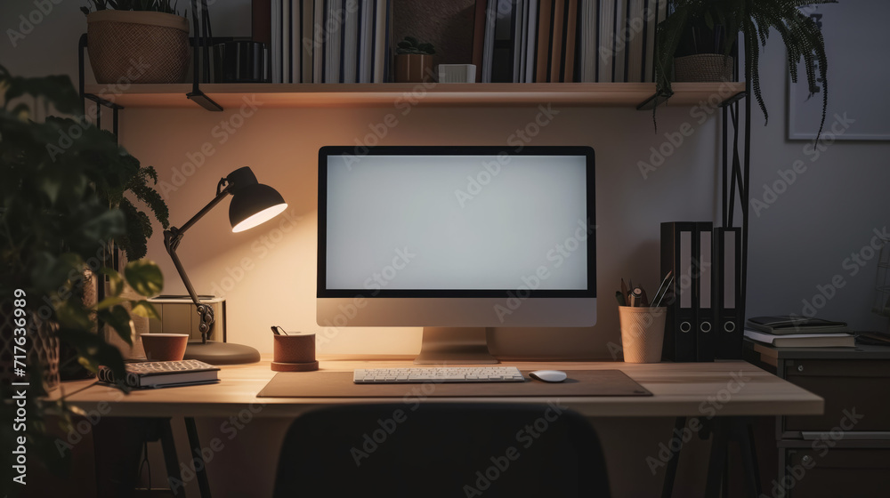 Cozy Home Office Desk with Warm Lighting. A warmly lit home office featuring a clean desk with a computer, surrounded by plants and organized shelves, creating a cozy work atmosphere. Cozy Home Office Desk with Warm Lighting. A warmly lit home office featuring a clean desk with a computer, surrounded by plants and organized shelves, creating a cozy work atmosphere.