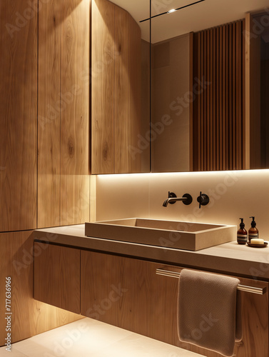 Modern Bathroom with Wooden Features. A chic urban bathroom with wood accents and black fixtures.
