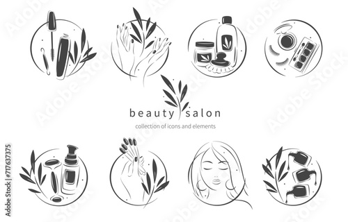 Big set of elements and icons for beauty salon. Nail polish,  manicured female hands, beautiful woman face, lipstick, eyelash extension, makeup, hairdressing. Vector illustrations