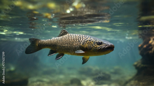 Underwater majestic view of Siberian taimen, also known as the common taimen, swimming in freshwater near the bottom