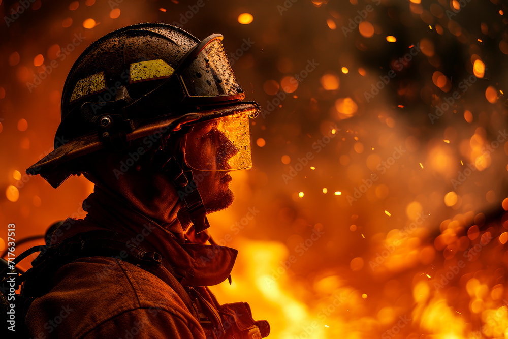 The firefighter is in full gear, with a determined expression seen through the helmet visor.