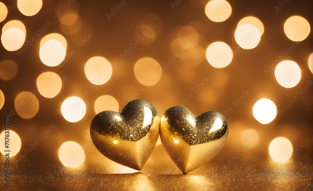 Two small gold heart on a sparkling gold background, Valentine's Day, Christmas. Generative AI