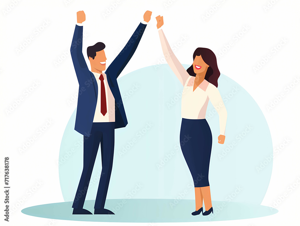 Happy Man And Woman Office Workers, A Man And Woman Holding Hands Up Happy Man And Woman Office Workers, A Man And Woman Holding Hands Up