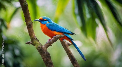 colored beautiful bird sitting on the tree in the jungle, colored wild bird, colored wild bird sitting on the branch of tree in jungle © Gegham