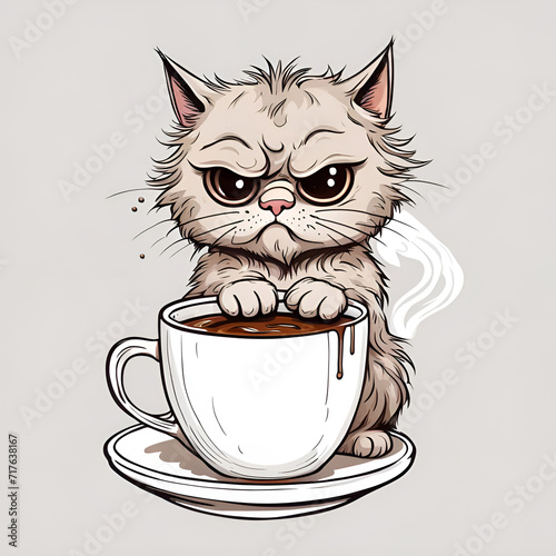 Cute cartoon cat with a coffee cup. Catss and coffee lovers design for stickers and printable products. Amazing digital illustration. CG Artwork Background photo