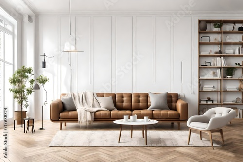 Modern scandianvian living room with design sofa with elegant blanket, coffee table and bookstand on the white wall. Brown wooden parquet. Concept of minimalistic interior. View on dining photo