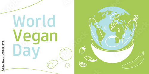World Vegan Day. November 1. Horizontal banner. Go vegan. Organic foods. Vector template for concept design. 