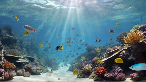 Majestic view of colorful tropical underwater with lots of fishes and coral reefs ,microbial diversity of Pacific ocean under sun rays, clean untouched ecosystem.