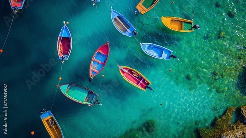 Aerial view of colorful boats on turquoise sea