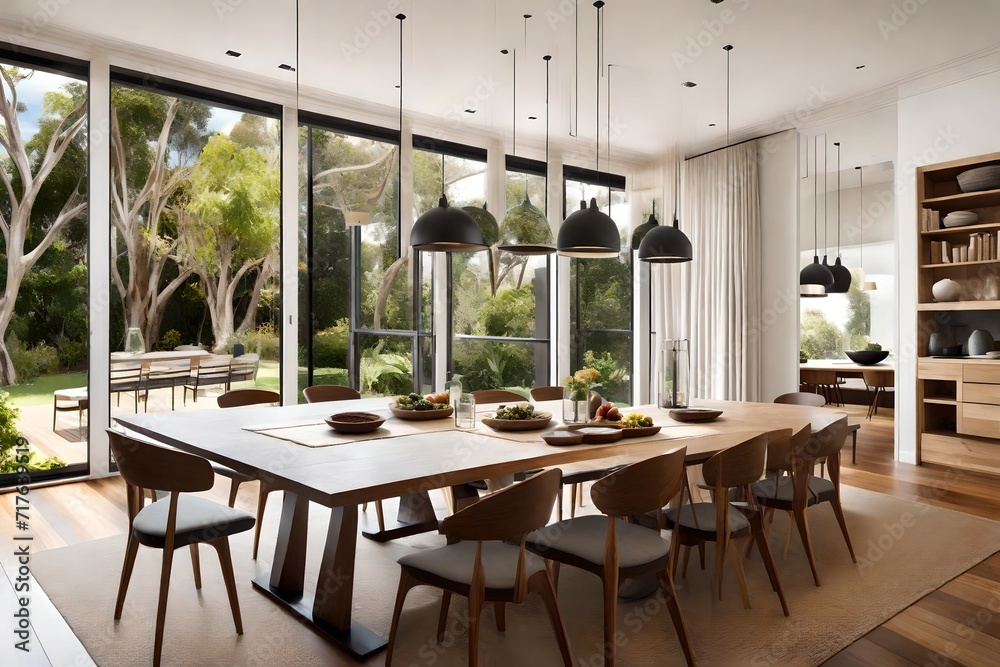 Australian dining room with a blend of contemporary and rustic elements, featuring a large wooden table and panoramic windows overlooking the garden