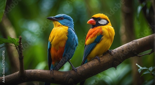 colored beautiful bird sitting on the tree in the jungle, colored wild bird, colored wild bird sitting on the branch of tree in jungle