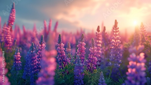 A field of wild lupines stretching to the horizon, their violet and blue hues creating a carpet of color beneath a clear sky.  © AI ARTS