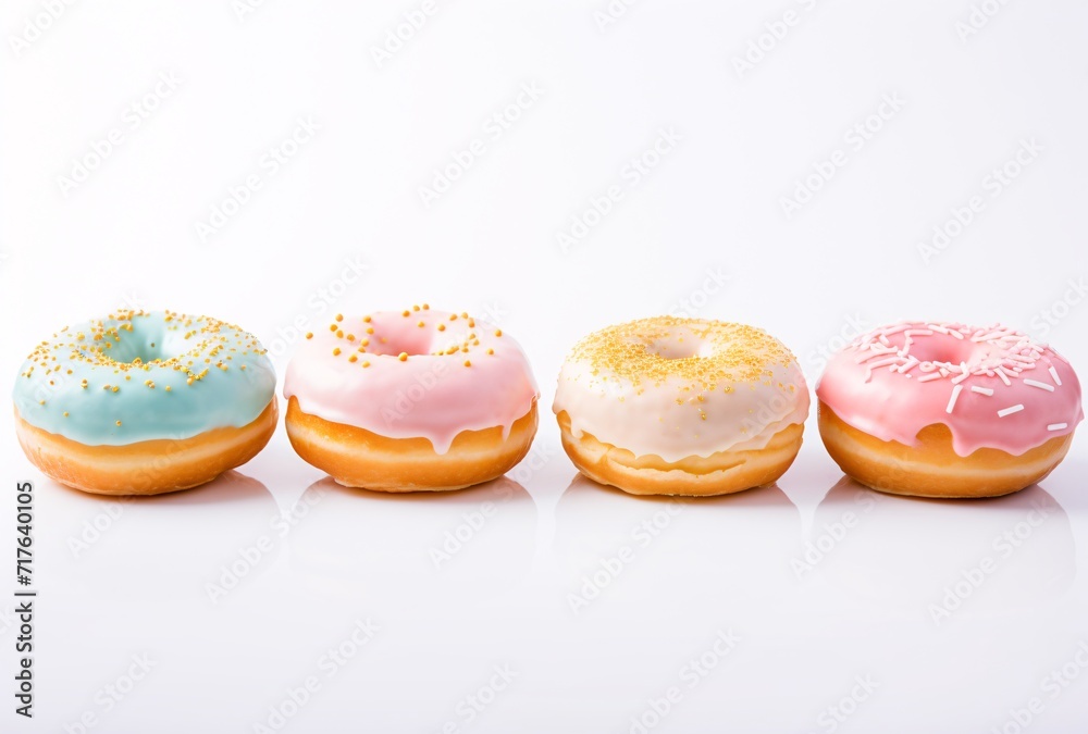 four pastel doughnuts with various colors of frosting on a white background four pastel doughnuts with various colors of frosting on a white background