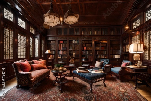 Middle-Eastern study with dark wood paneling, intricate rugs, and plush seating, establishing a refined and intellectual ambiance 