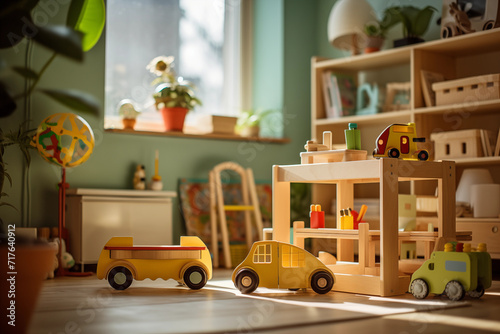 Nursery interior. Wooden toys in children's room. Kids playroom