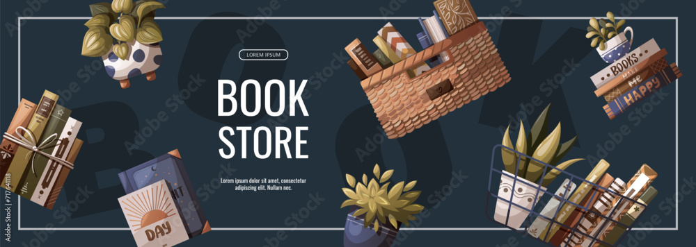 Banner with books and houseplants. Bookstore, bookshop, book lover, reading, interior concept. Vector illustration for advertising, banner, promo. - obrazy, fototapety, plakaty 