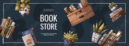 Banner with books and houseplants. Bookstore, bookshop, book lover, reading, interior concept. Vector illustration for advertising, banner, promo.
