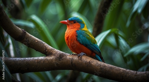 colored beautiful bird sitting on the tree in the jungle, colored wild bird, colored wild bird sitting on the branch of tree in jungle