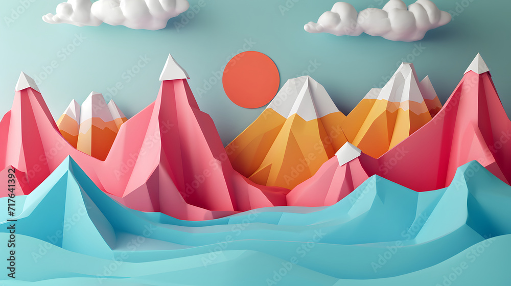colorful paper mountains at sunset, paper art mountain landscape, layered paper art colorful paper mountains at sunset, paper art mountain landscape, layered paper art