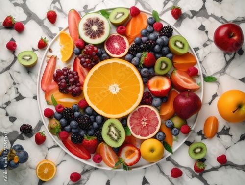A colorful fruit platter arranged in a pattern on a white marble table. Sweet Food Photography