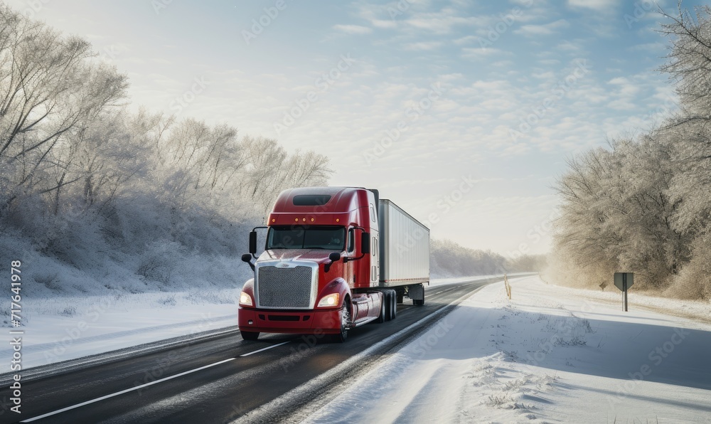 A Vibrant Red Semi Truck Cruising Through a Serene, Snowy Landscape A Vibrant Red Semi Truck Cruising Through a Serene, Snowy Landscape