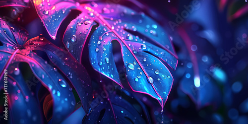 Colorful leaves with raining rain, in the style of neon realism, tropical baroque, mysterious backdrops, junglepunk, dark purple and light cyan