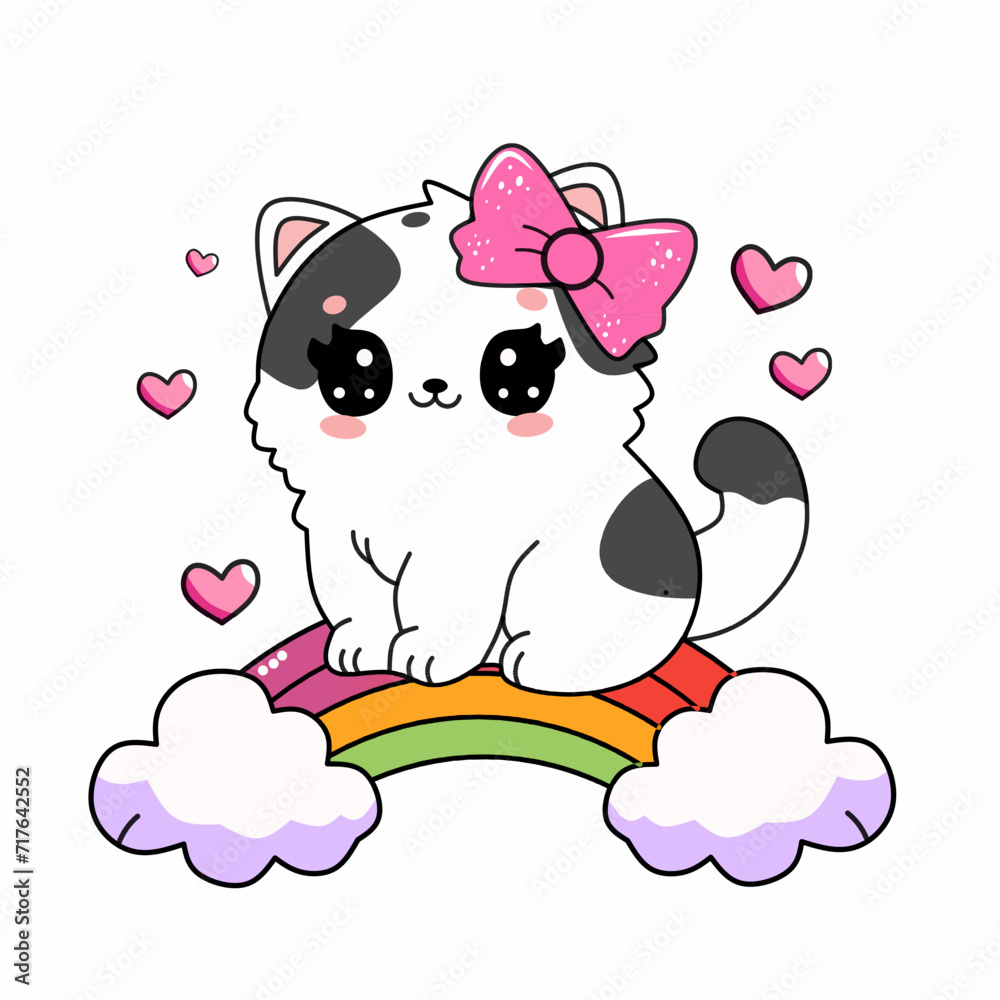 Cute kitten in kawaii style standup on rainbow and cloud with sparkling heart Cute kitten in kawaii style standup on rainbow and cloud with sparkling heart