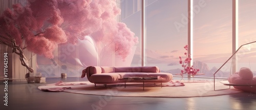 Sakura themed minimalist living room interior with panoramic view. Home decor and design. #717642594
