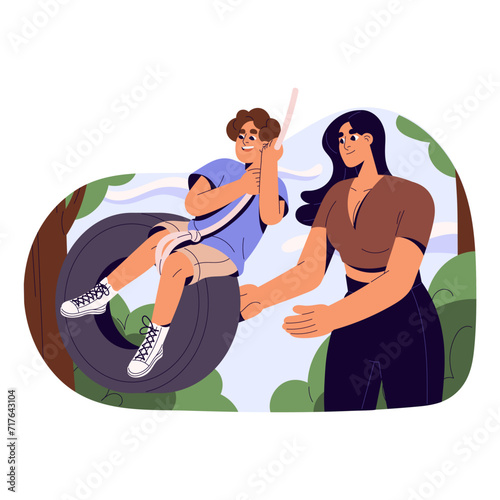 Happy mother swings excited kid. Young mom rides her carefree child on tyre, wheel. Family spends time together. People relax in park, outdoors. Flat isolated vector illustration on white background