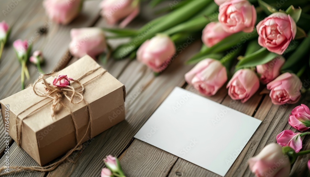 Mockup for a greeting card. Blank greeting card on a table with flowers. Valentine's Day, Birthday, Happy Women's Day, Mother's Day. Stylish invitation card layout, postcard, frame or banner template.